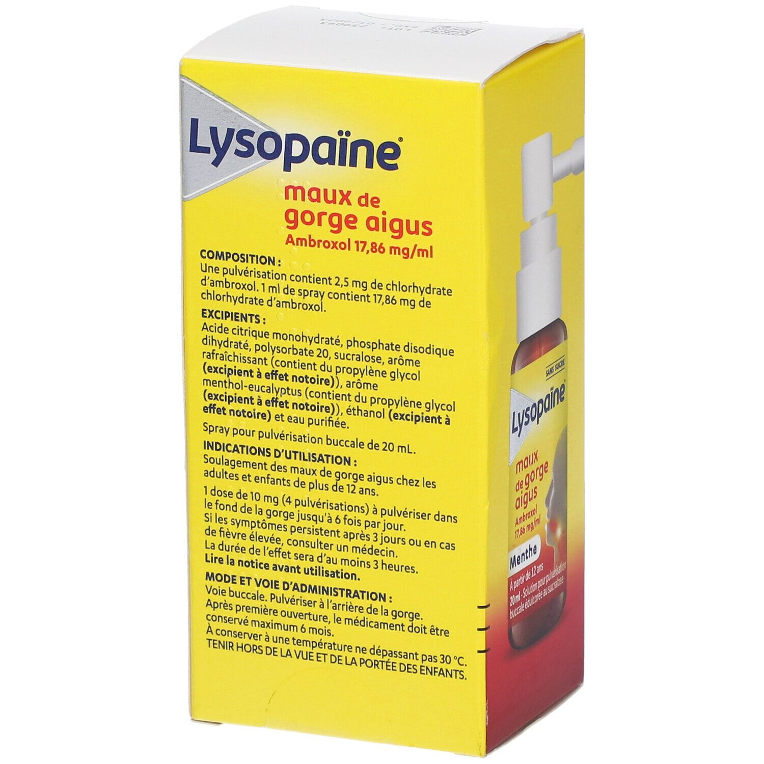 Boîte jaune avec texte. Contient des informations sur les ingrédients et l'utilisation.