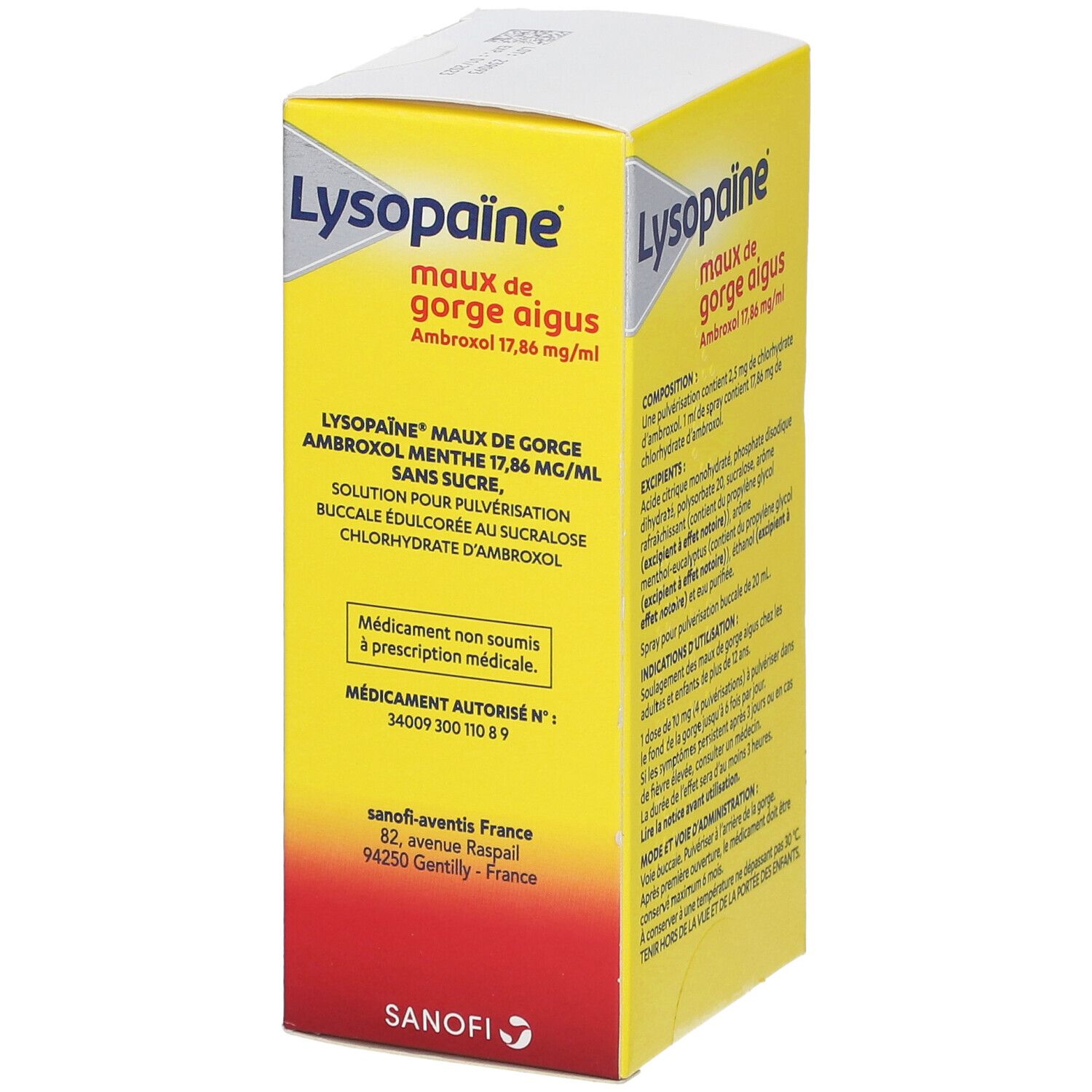 Boîte jaune avec informations produit. Contient texte et nom du produit.