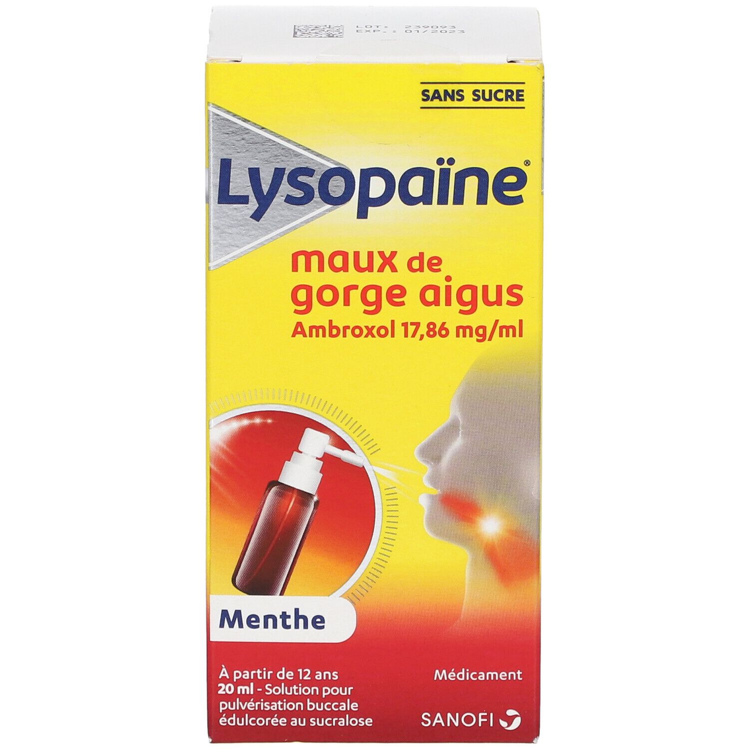 Boîte jaune avec produit et flacon pulvérisateur. Nom et ingrédients visibles.