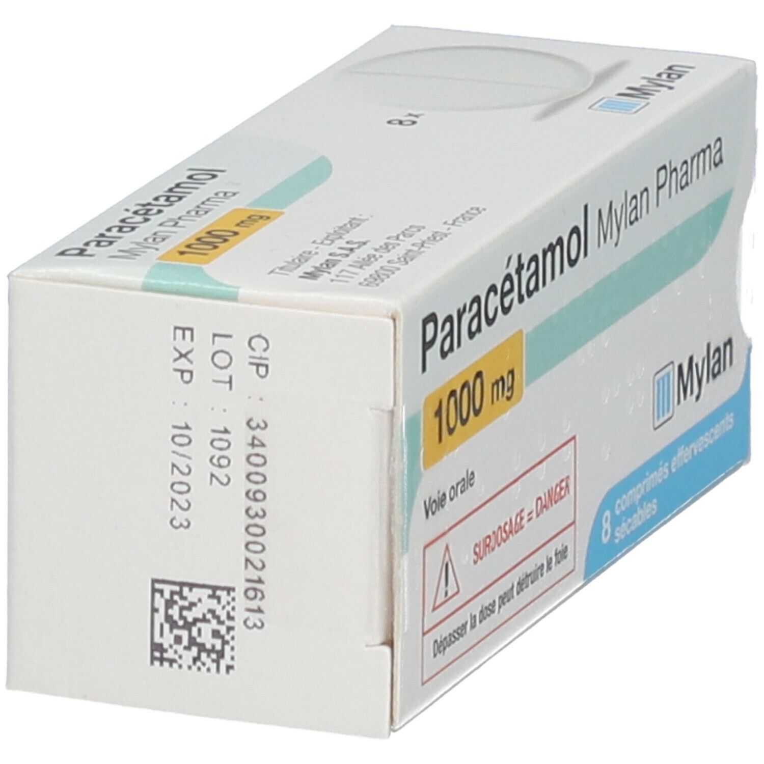 Boîte de Paracétamol Mylan Pharma 1000 mg. Vue latérale avec numéro de lot et date d'expiration. 8 comprimés.