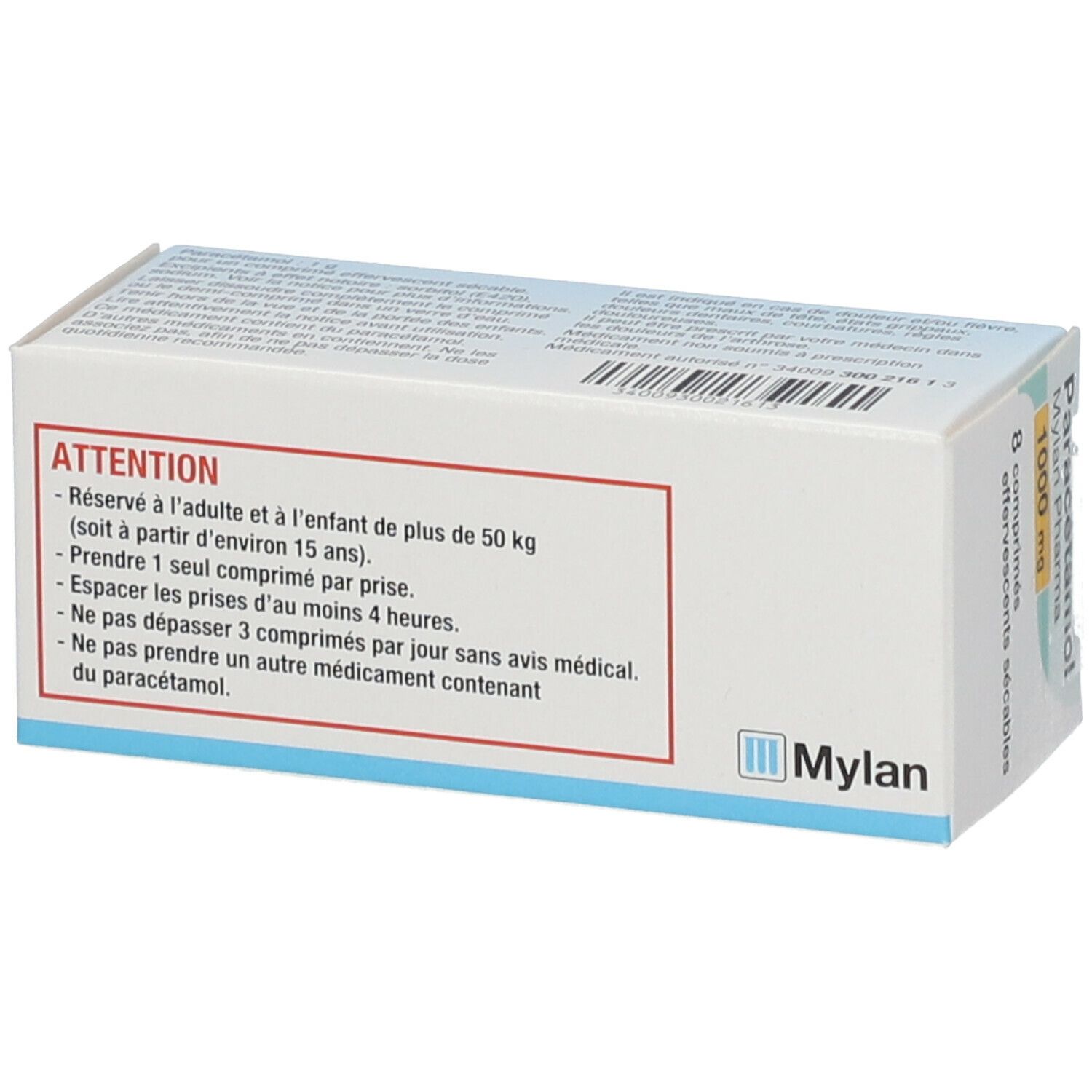 Dos de la boîte de Paracétamol Mylan Pharma 1000 mg. Contient des avertissements et des recommandations de dosage.