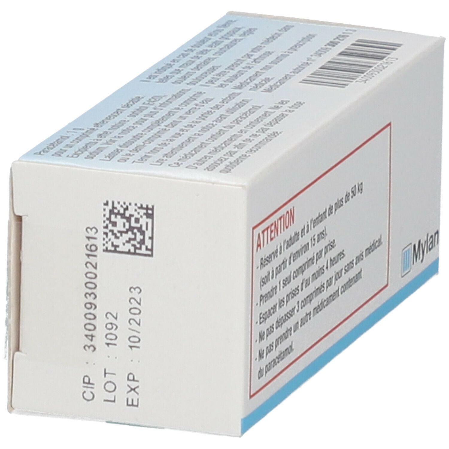 Vue latérale de la boîte de Paracétamol Mylan Pharma 1000 mg. Numéro de lot, date d'expiration et avertissements.