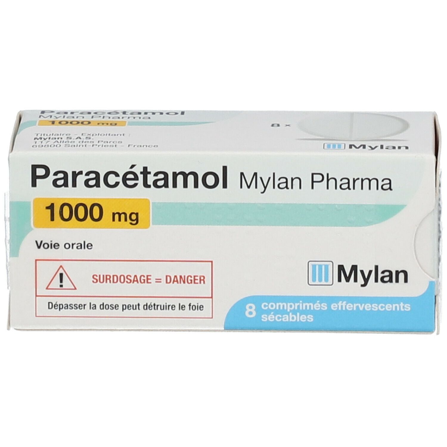 Boîte de Paracétamol Mylan Pharma 1000 mg. Vue de face avec nom du produit, dosage et avertissements.
