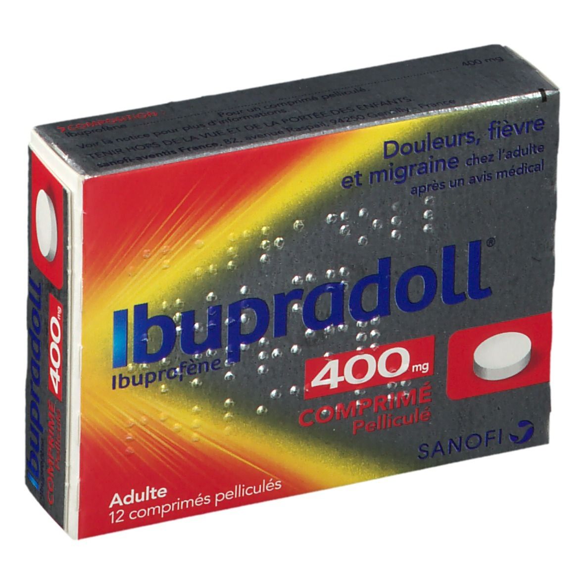 Boîte de comprimés Ibupradoll 400 mg. Couleurs rouge, jaune et grise. Texte: Ibupradoll, 400 mg, Comprimé pelliculé, Sanofi.