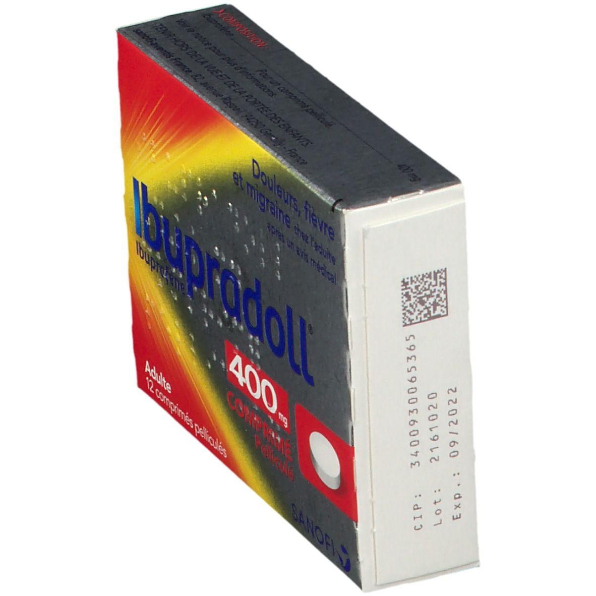 Boîte Ibupradoll 400 mg en biais. Couleurs rouge, jaune et grise. Texte: Ibupradoll, 400 mg, Comprimé pelliculé. Code QR et date d'expiration.