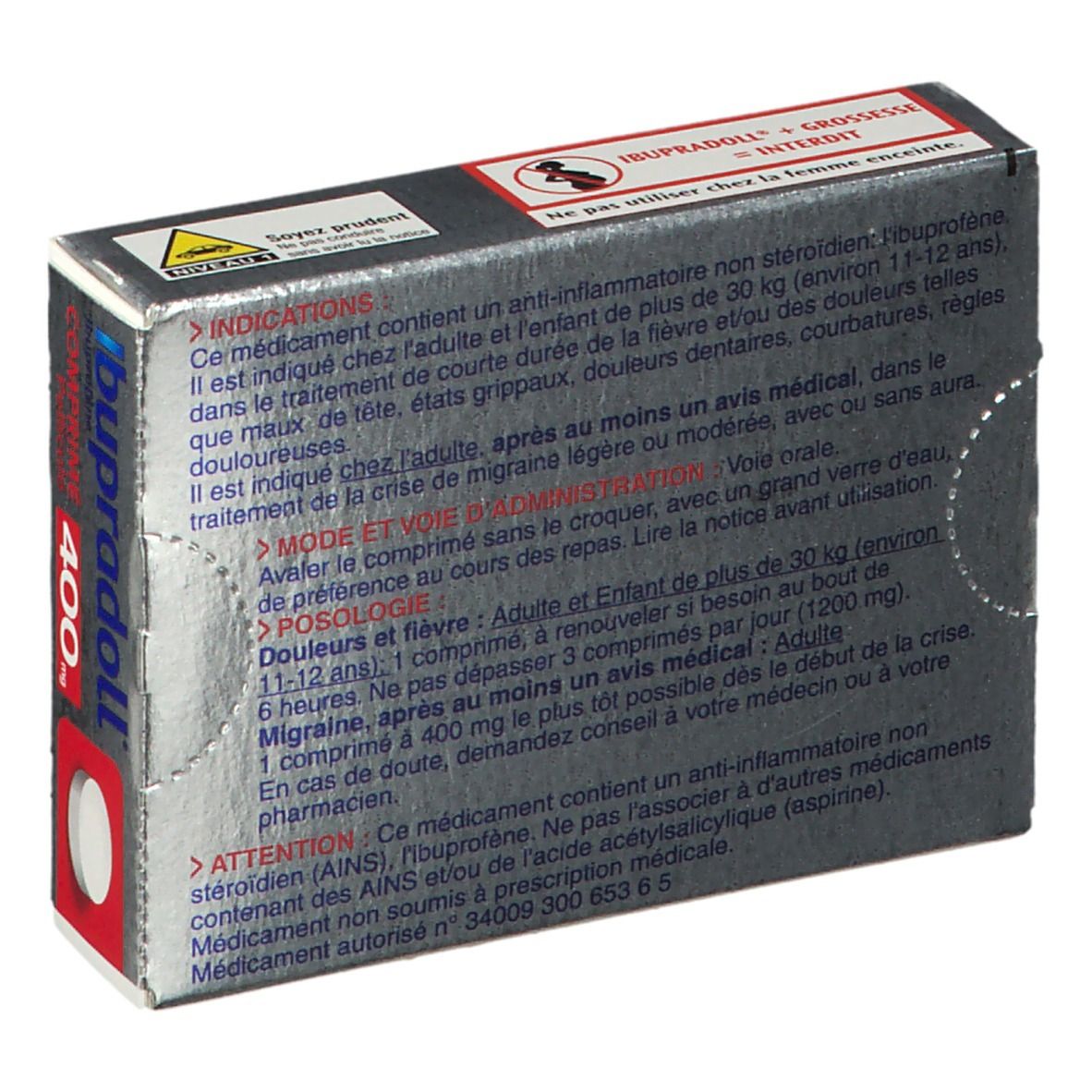 Dos de la boîte Ibupradoll 400 mg. Texte: Indications, posologie, avertissements. Couleurs grise, rouge et blanche.