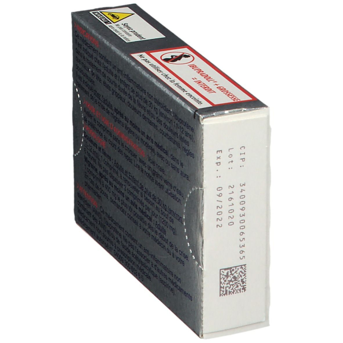 Boîte Ibupradoll 400 mg en biais. Texte et avertissements. Couleurs grise, rouge et blanche. Code QR et date d'expiration.