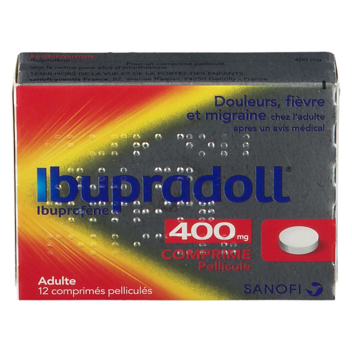 Boîte Ibupradoll 400 mg. Couleurs rouge, jaune et grise. Texte: Ibupradoll, 400 mg, Comprimé pelliculé, Sanofi. 12 comprimés.