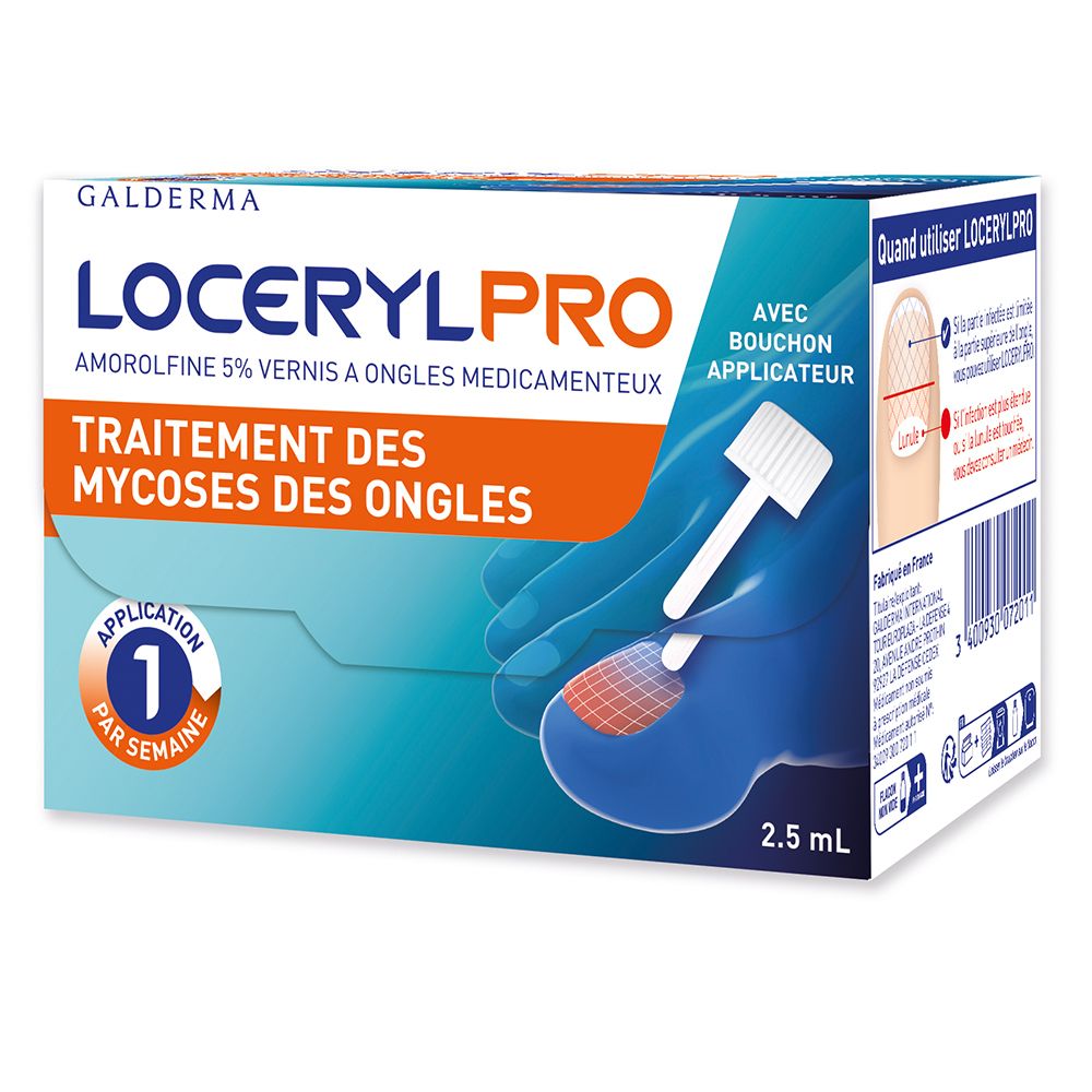 Boîte Loceryl Pro. Vernis à ongles médicamenteux à 5% amorolfine. Traitement des mycoses des ongles. Avec applicateur. 2,5 ml.