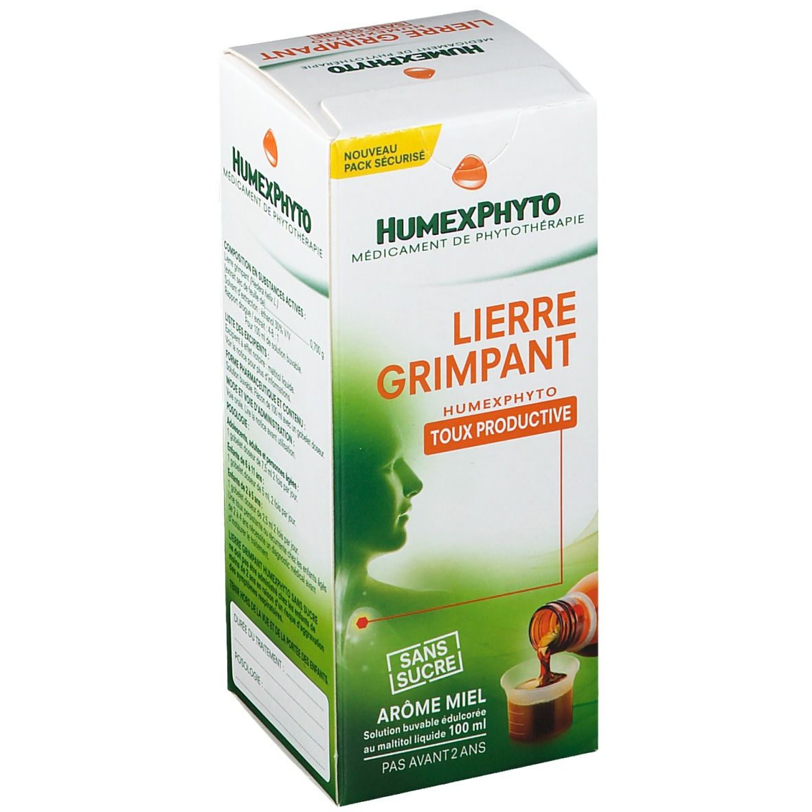 Boîte HumexPhyto Lierre Grimpant Sans Sucre. Illustration d'un visage et d'un sirop. Texte: Aroma Miel, Toux Productive.