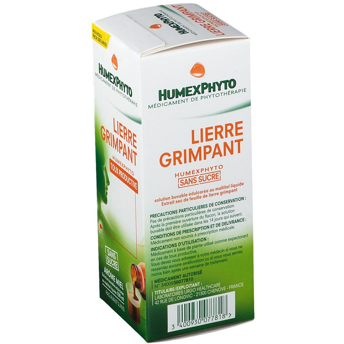 Boîte HumexPhyto Lierre Grimpant Sans Sucre. Texte: Aroma Miel, Toux Productive, précautions. Adresse du fabricant.