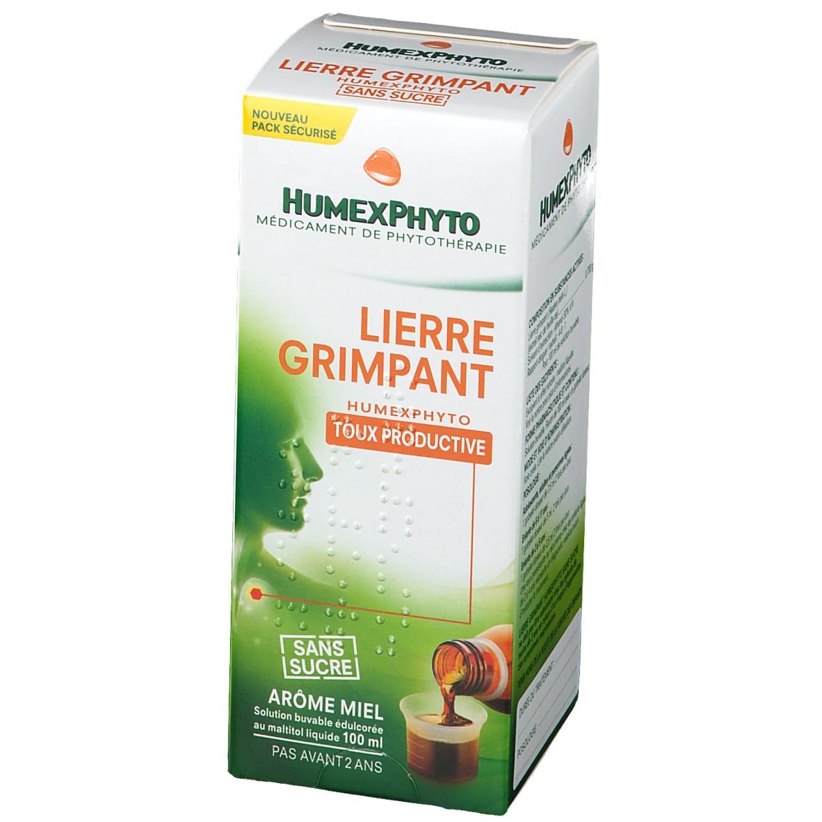 Boîte HumexPhyto Lierre Grimpant Sans Sucre. Illustration d'un visage et d'un sirop. Texte: Aroma Miel, Toux Productive.