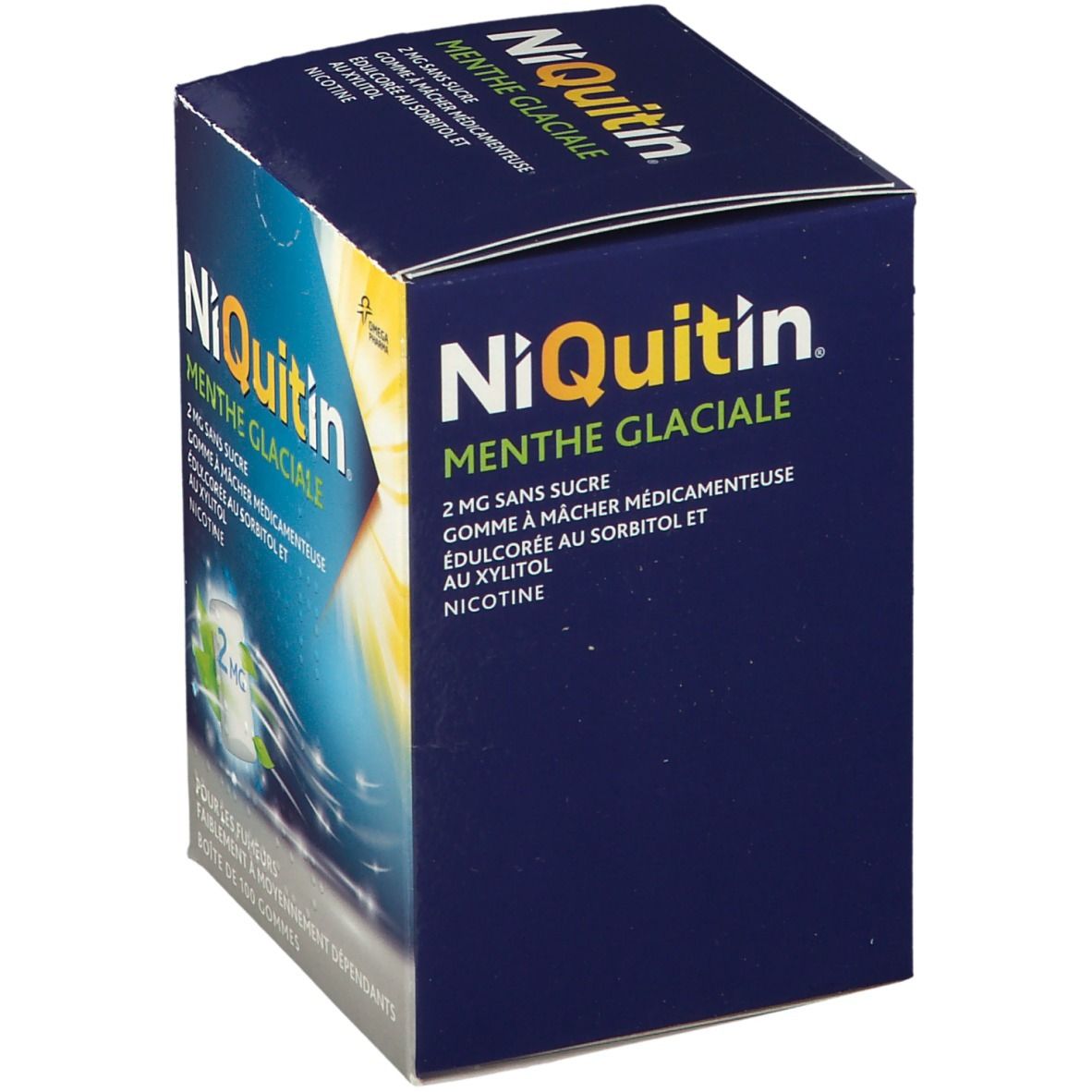 Boîte bleue NiQuitin Menthe Glaciale 2 mg. Nom et logo du produit visibles. Forme carrée.
