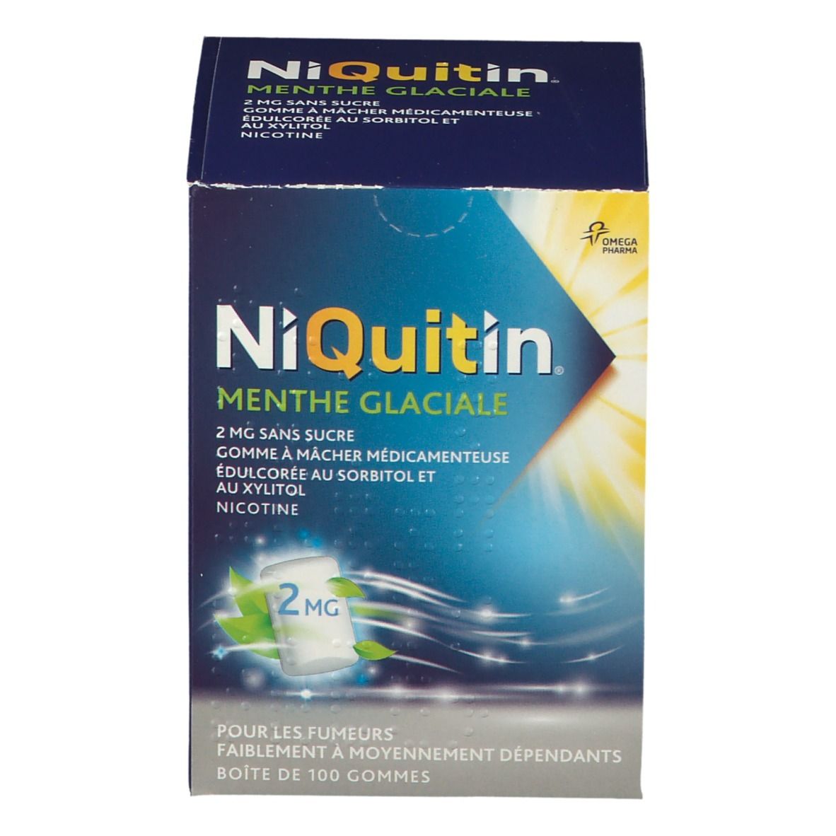 Boîte NiQuitin Menthe Glaciale 2 mg sans sucre. Emballage bleu avec image du produit et logo.
