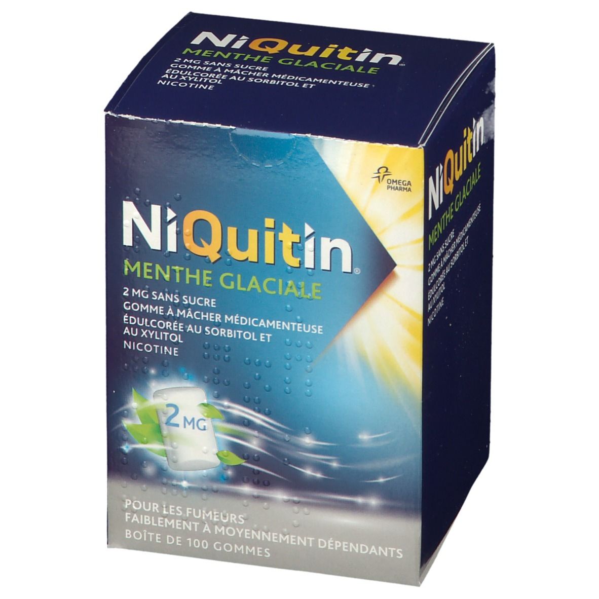 Boîte NiQuitin Menthe Glaciale 2 mg sans sucre. Emballage bleu avec image du produit et logo.