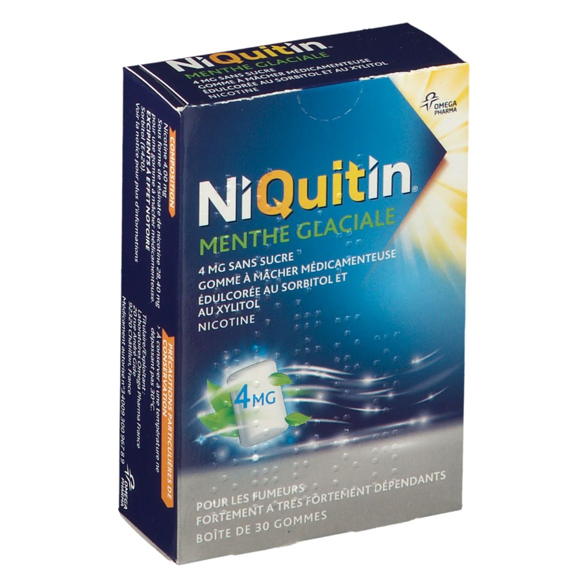 Boîte de NiQuitin® Menthe Glaciale 4 mg sans sucre. Emballage bleu avec nom du produit et indication 4 mg. Contient 30 gommes.