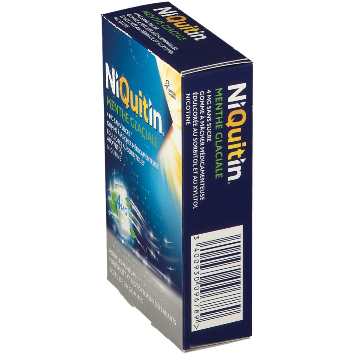 Boîte de NiQuitin® Menthe Glaciale 4 mg sans sucre. Emballage bleu avec nom du produit et code-barres. Contient 30 gommes.