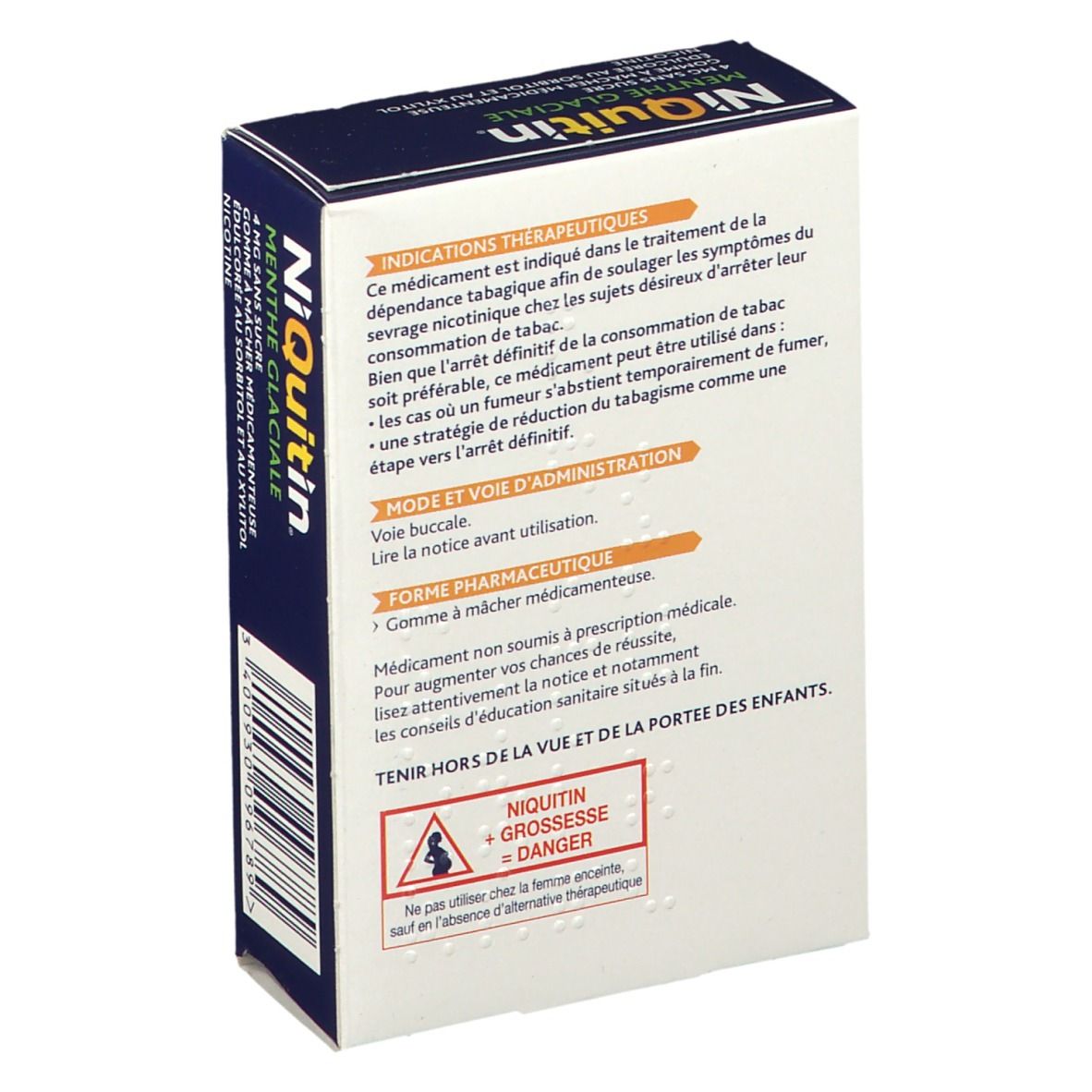 Dos de la boîte NiQuitin® Menthe Glaciale 4 mg sans sucre. Texte sur les indications thérapeutiques et l'utilisation. Contient 30 gommes.