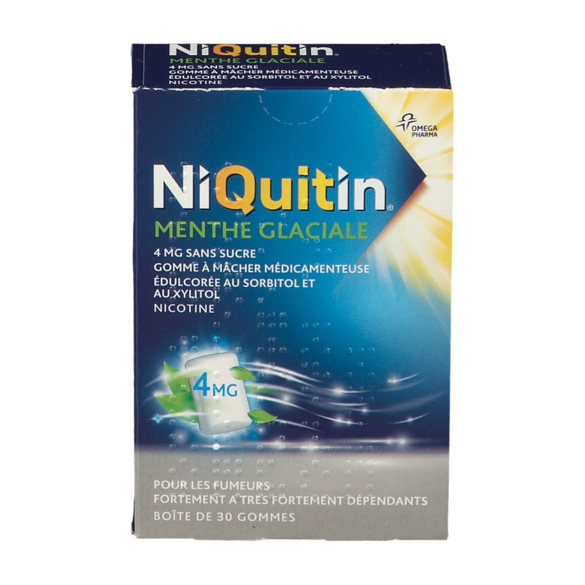 Boîte de NiQuitin® Menthe Glaciale 4 mg sans sucre. Emballage bleu avec nom du produit et indication 4 mg. Contient 30 gommes.