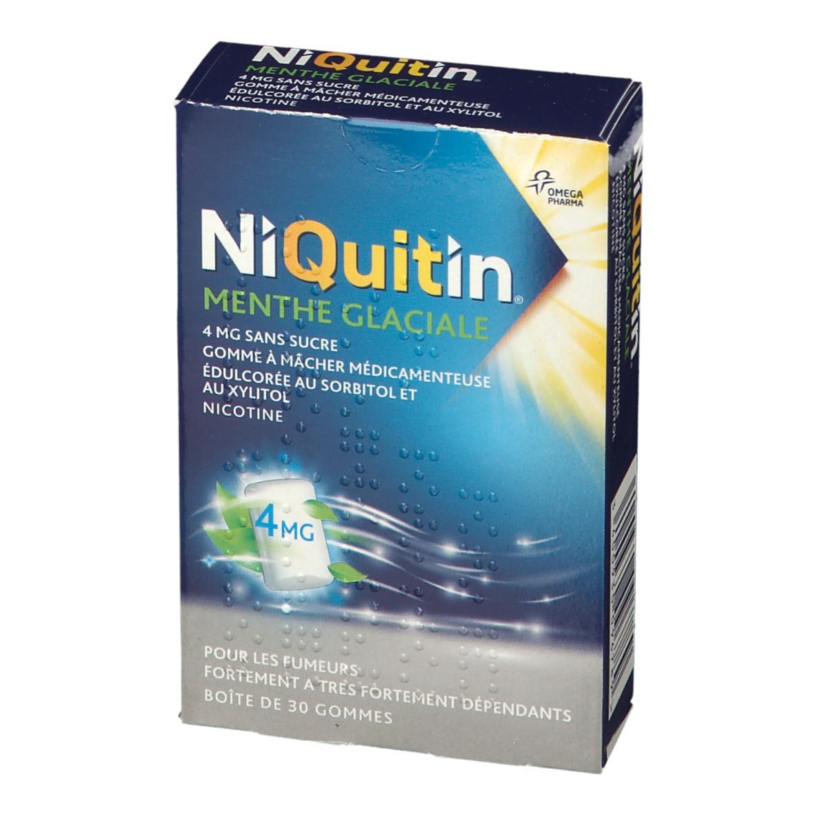 Boîte de NiQuitin® Menthe Glaciale 4 mg sans sucre. Emballage bleu avec nom du produit et indication 4 mg. Contient 30 gommes.