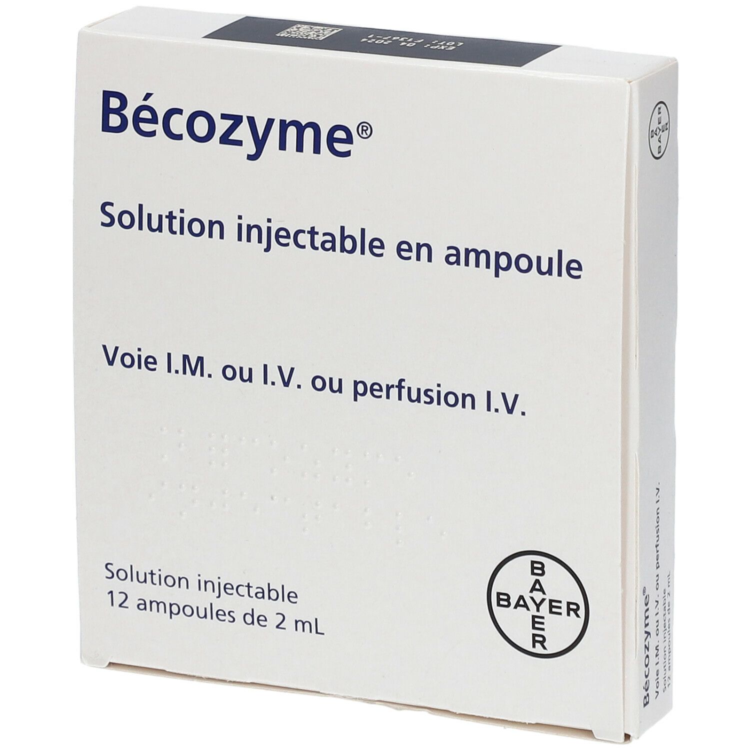 Boîte blanche "Bécozyme®". Solution injectable en ampoule. 12 ampoules de 2 ml. Logo Bayer.