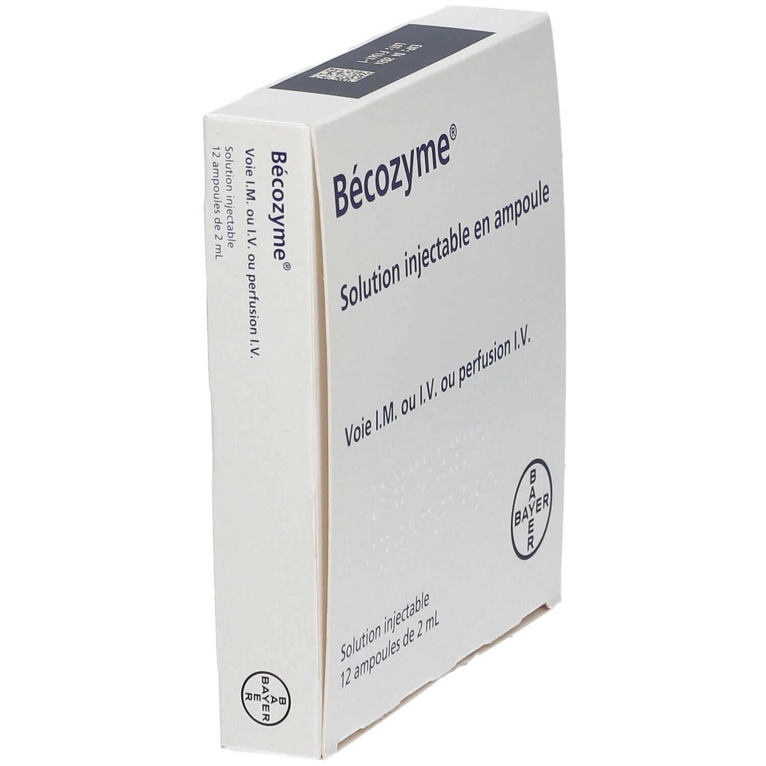Boîte "Bécozyme®" blanche en biais. Solution injectable en ampoule. Logo Bayer.