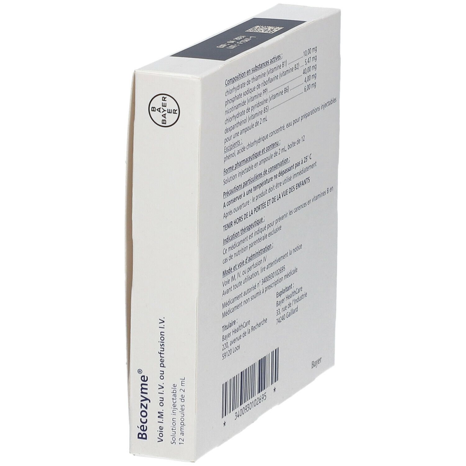 Dos incliné de la boîte "Bécozyme®". Texte et logo Bayer.