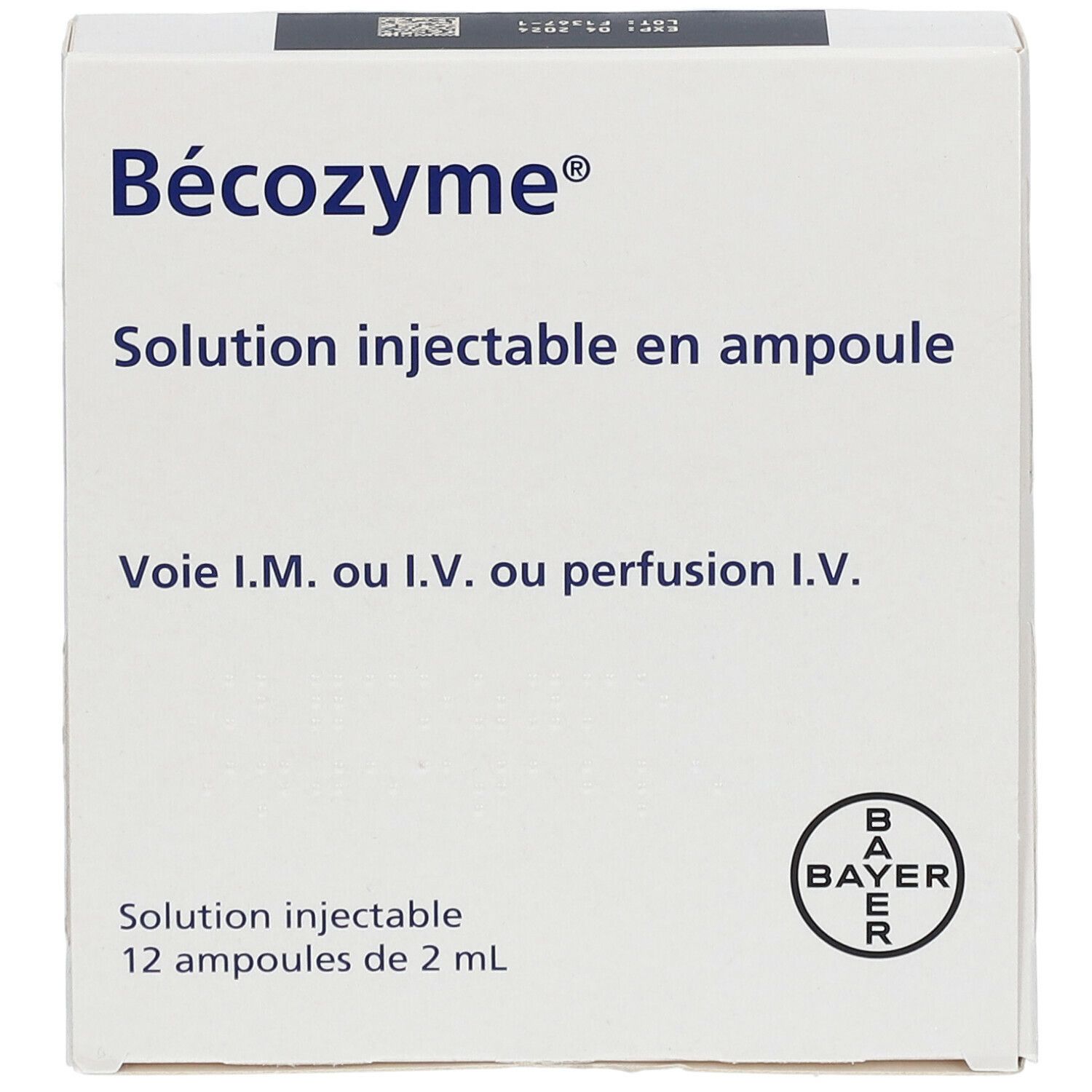 Boîte blanche "Bécozyme®". Solution injectable en ampoule. Logo Bayer.