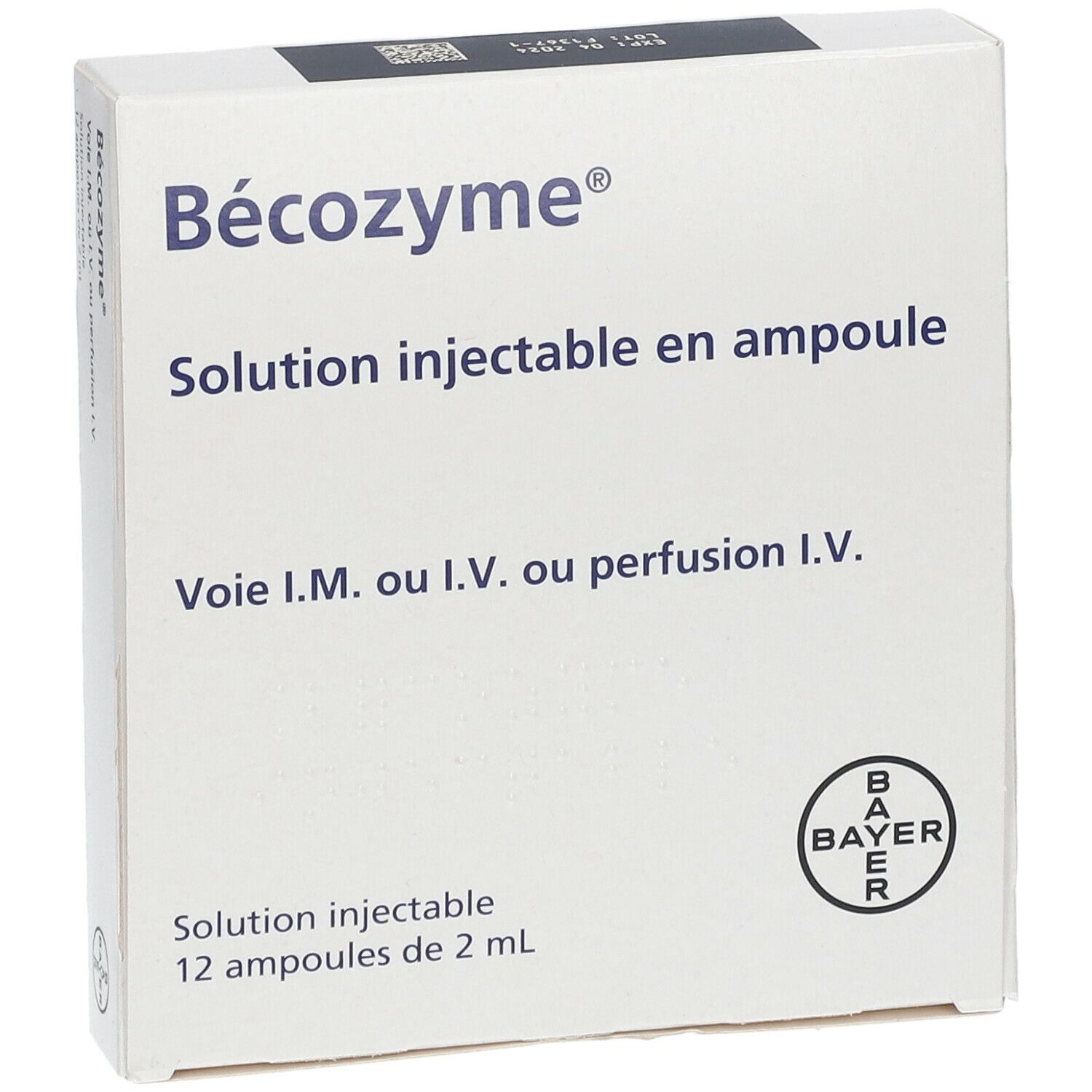 Boîte blanche "Bécozyme®". Solution injectable en ampoule. Logo Bayer.