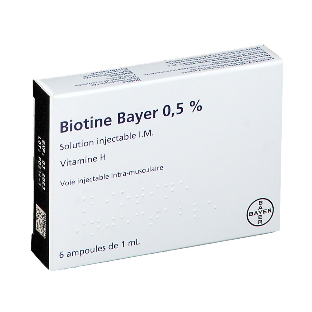 Boîte de Biotine Bayer 0,5 %. 6 ampoules. Logo Bayer. Inscription : Solution injectable I.M., Vitamine H.