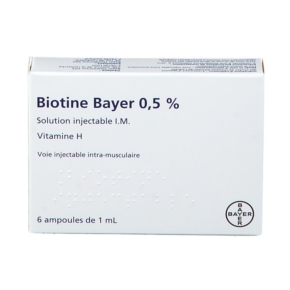 Vue de face de l'emballage Biotine Bayer 0,5 %. Inscription : Solution injectable I.M., Vitamine H. Logo Bayer.