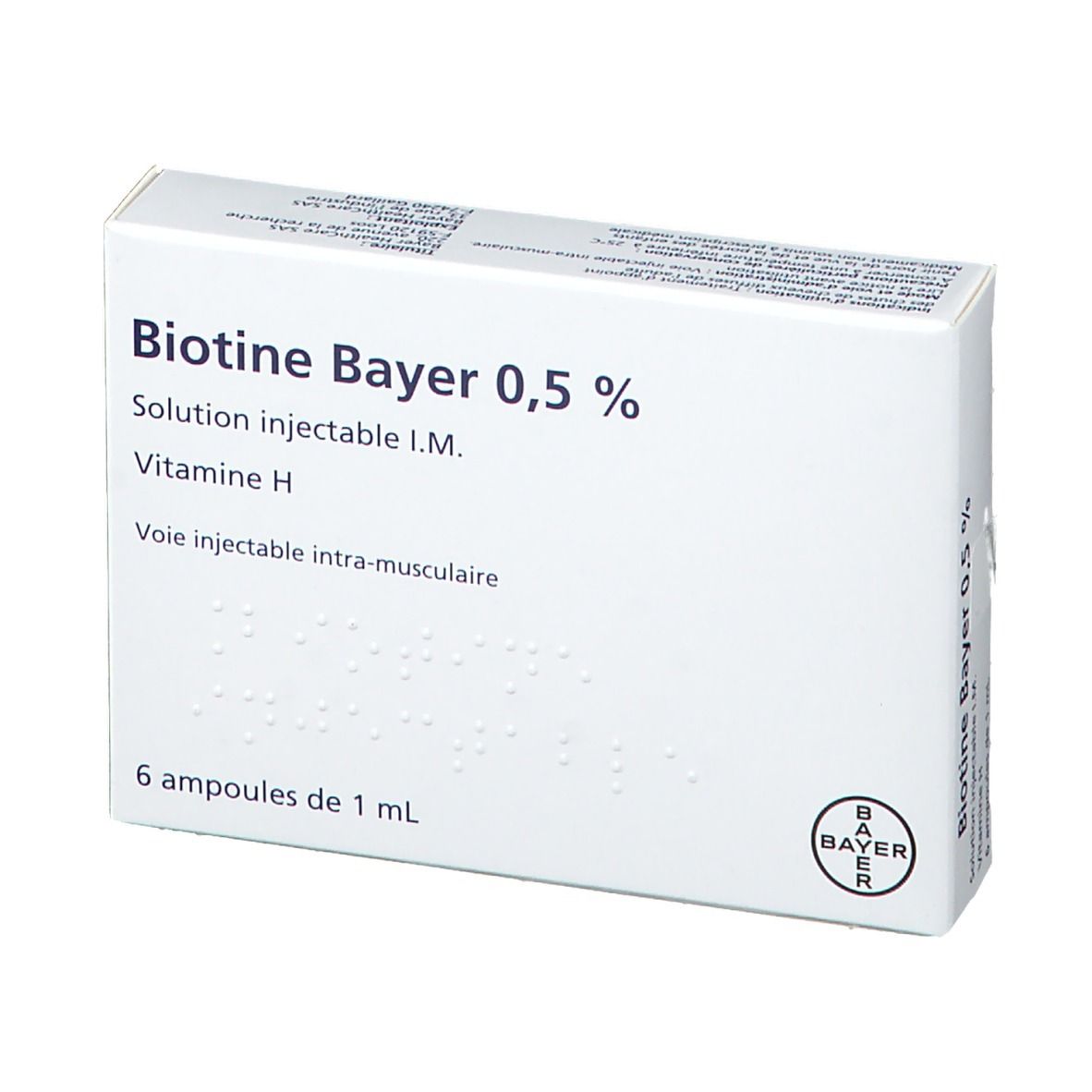 Vue de face de l'emballage Biotine Bayer 0,5 %. Inscription : Solution injectable I.M., Vitamine H. Logo Bayer.
