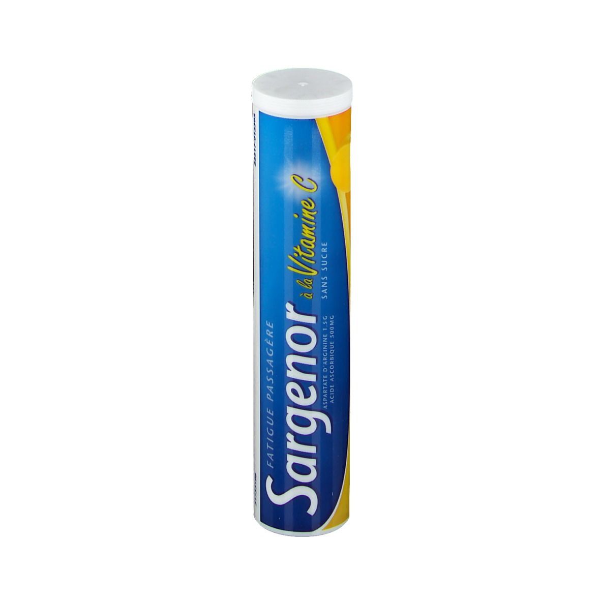 Tube de Sargenor à la vitamine C sans sucre. Cylindrique, bleu et jaune. Couvercle blanc.