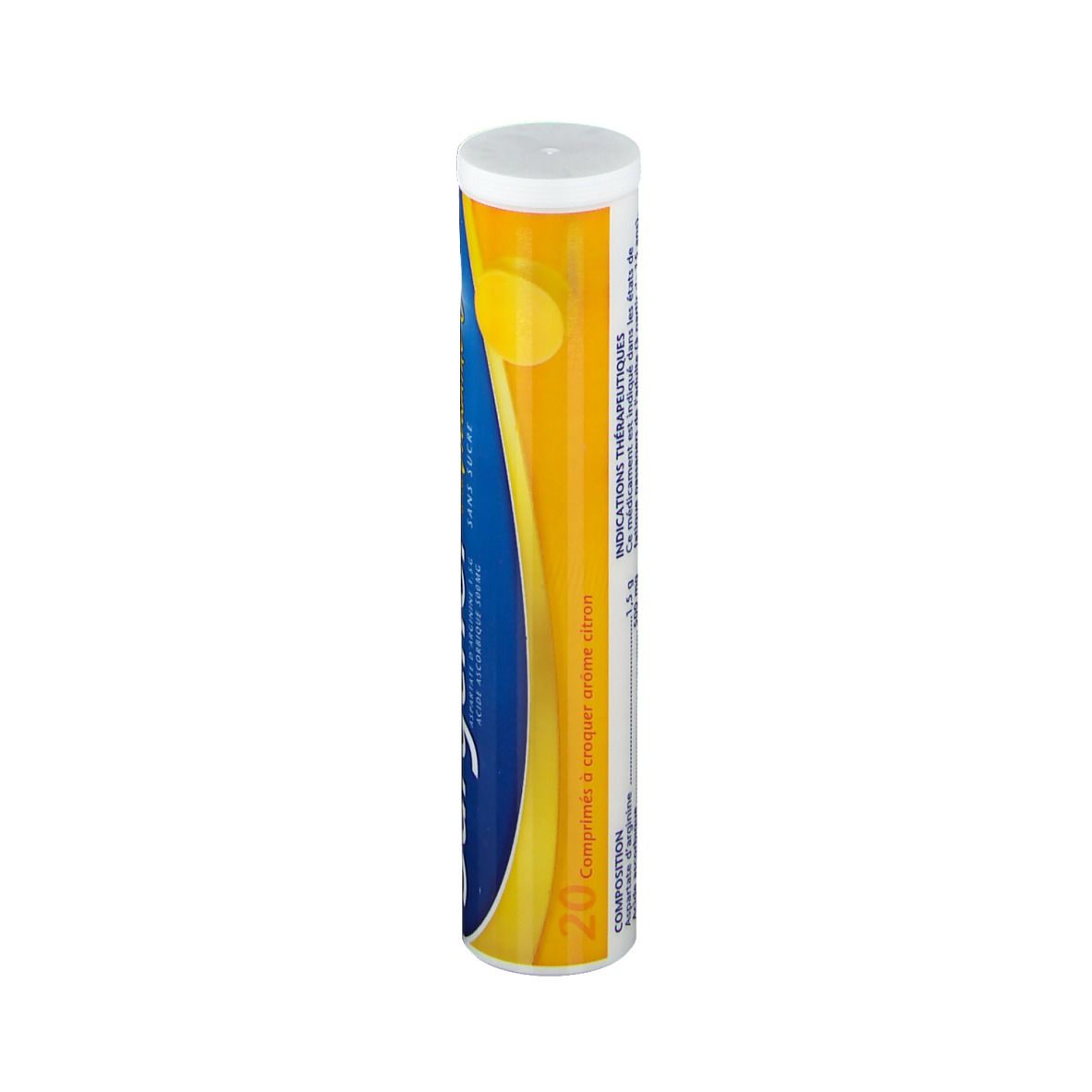 Tube de Sargenor à la vitamine C sans sucre. Contient 20 comprimés. Jaune et bleu.