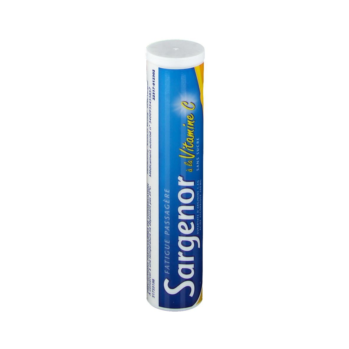 Tube de Sargenor à la vitamine C sans sucre. Bleu et jaune. Couvercle blanc. Nom du produit.