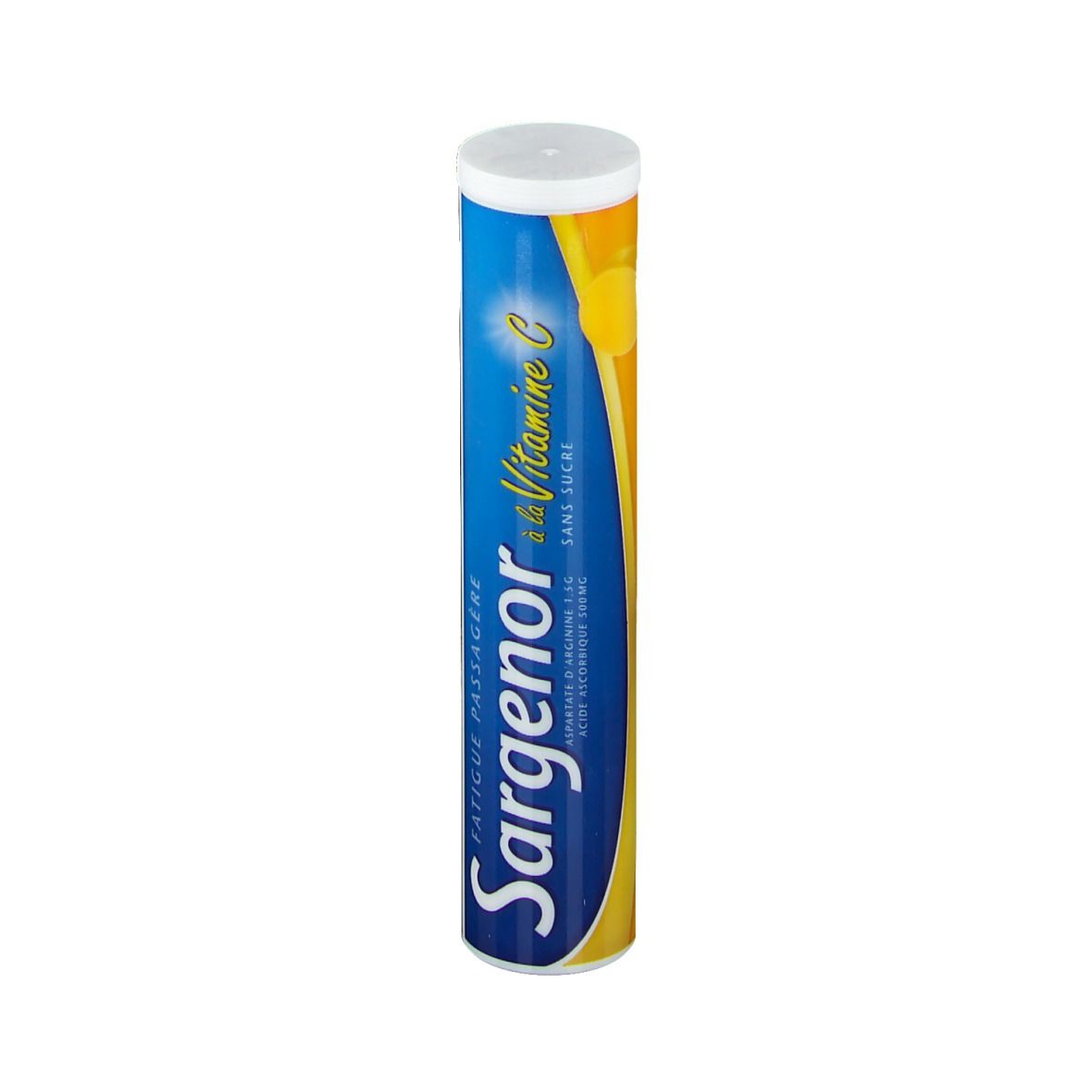 Tube de Sargenor à la vitamine C sans sucre. Bleu et jaune. Couvercle blanc. Nom du produit.