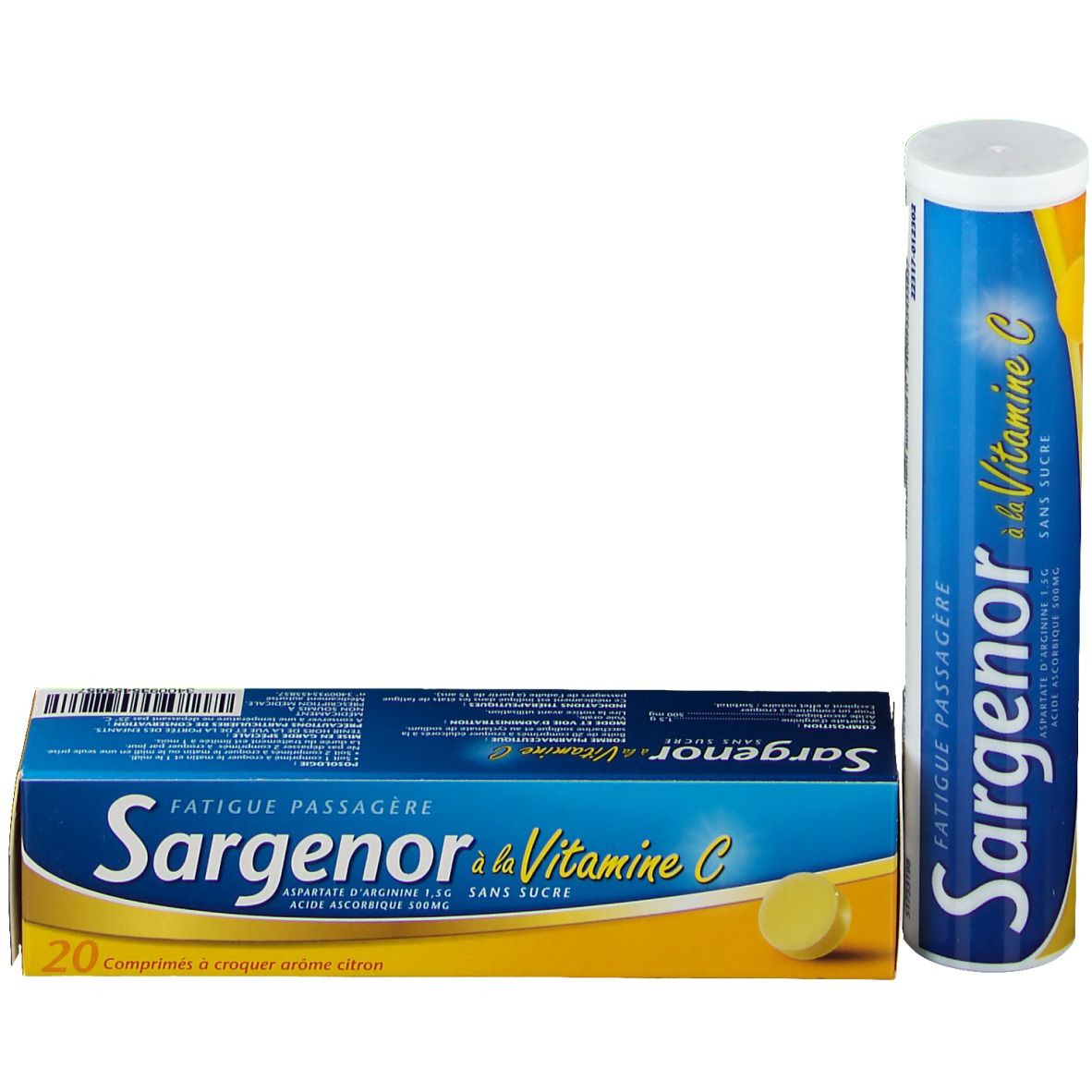 Sargenor à la vitamine C sans sucre, emballage et tube. 20 comprimés. Jaune et bleu. Comprimés visibles.