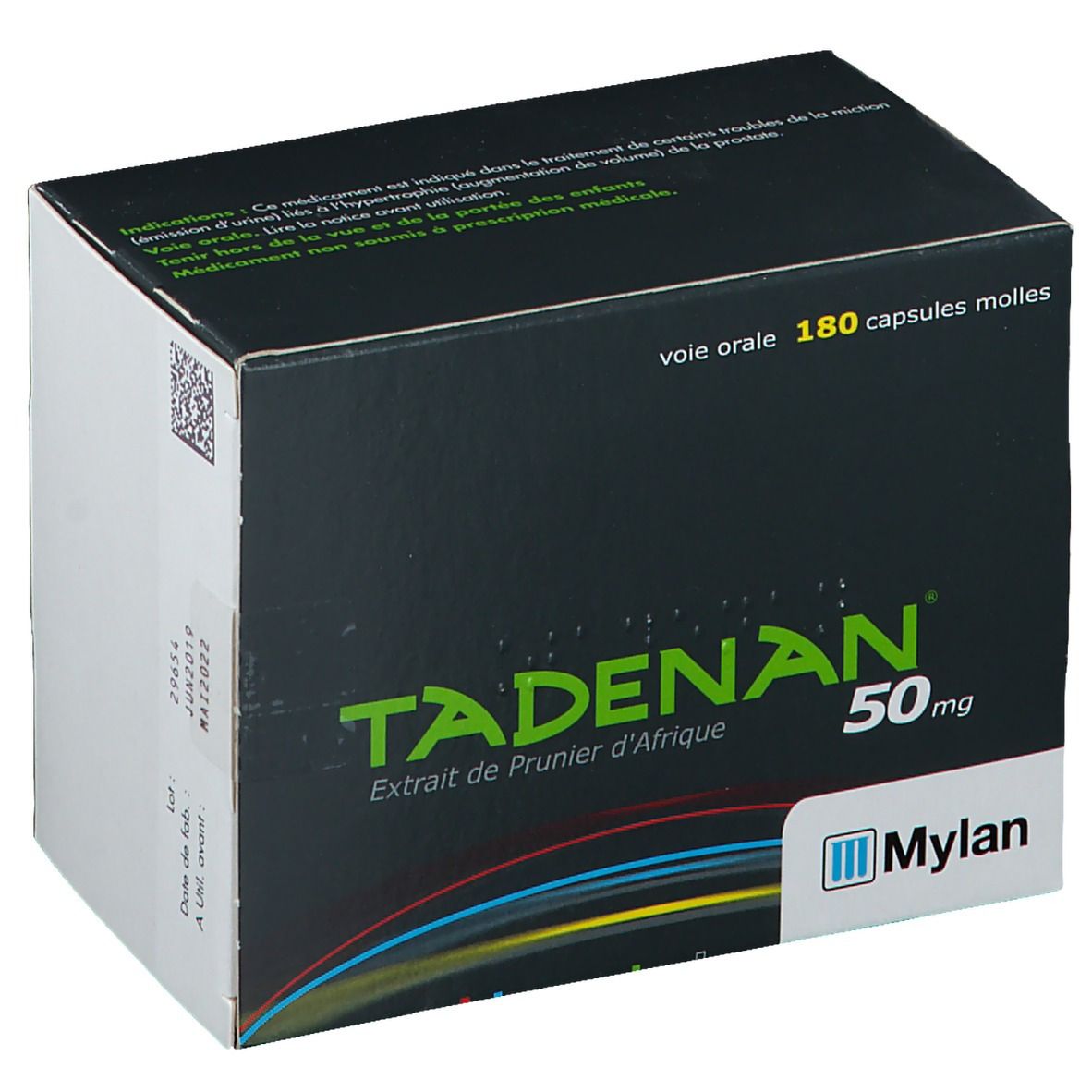 Boîte de TADENAN 50 mg. Fond noir, texte vert. Contient 180 capsules. Logo Mylan.