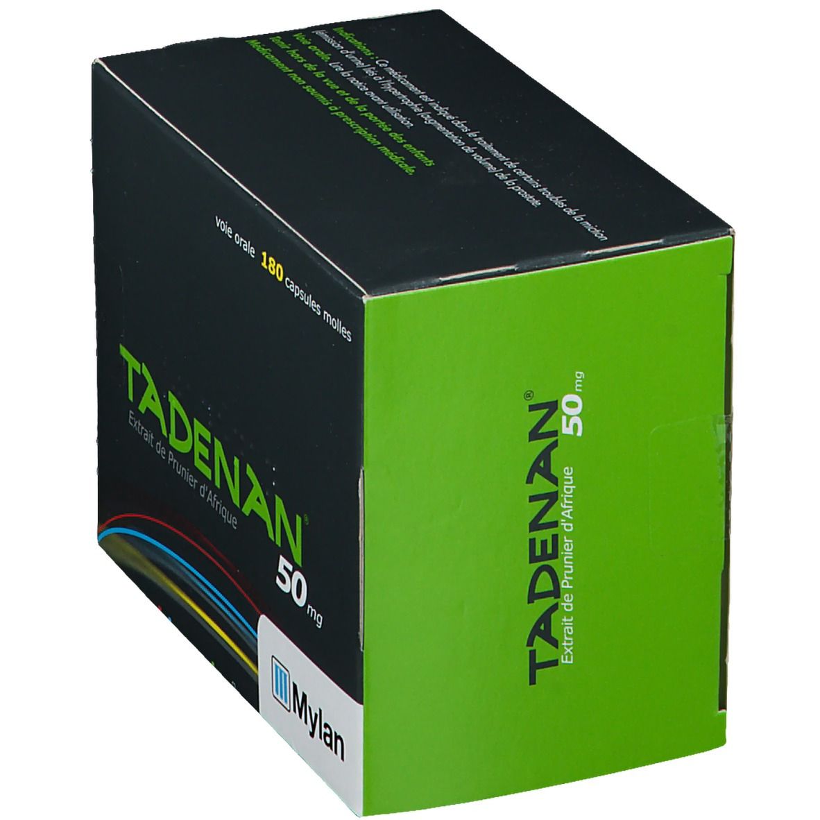 Boîte de TADENAN 50 mg. Emballage vert et noir. Contient 180 capsules. Logo Mylan.