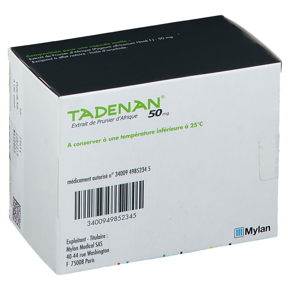 Boîte de TADENAN 50 mg. Emballage blanc. Code-barres et logo Mylan. Texte: Extrait de Prunier d'Afrique.