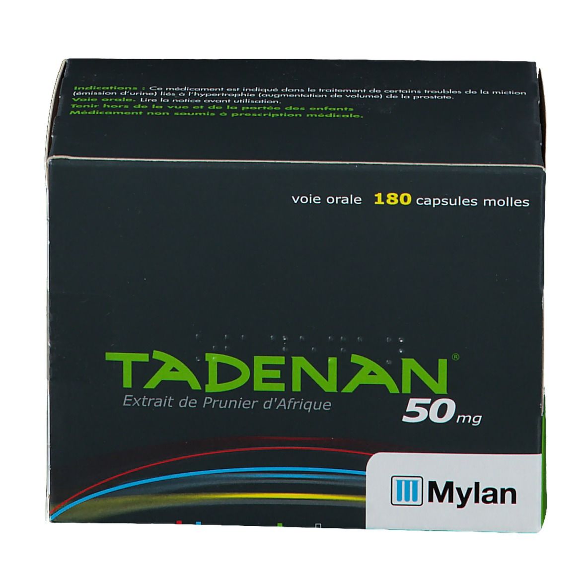 Boîte de TADENAN 50 mg. Fond noir, texte vert. Contient 180 capsules. Logo Mylan.