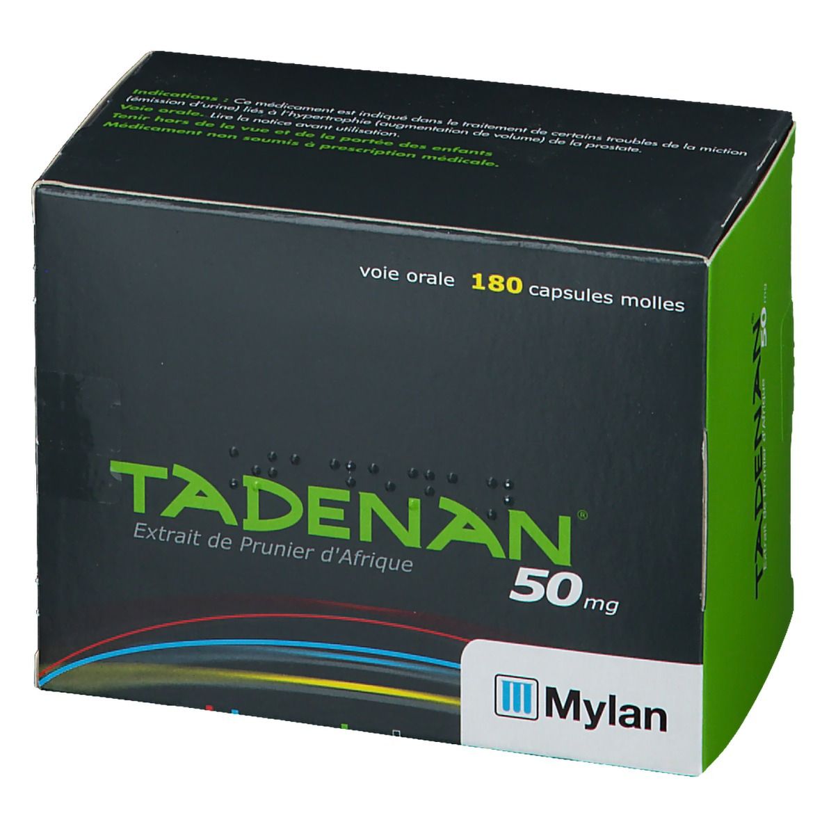 Boîte de TADENAN 50 mg. Fond noir, texte vert. Contient 180 capsules. Logo Mylan.