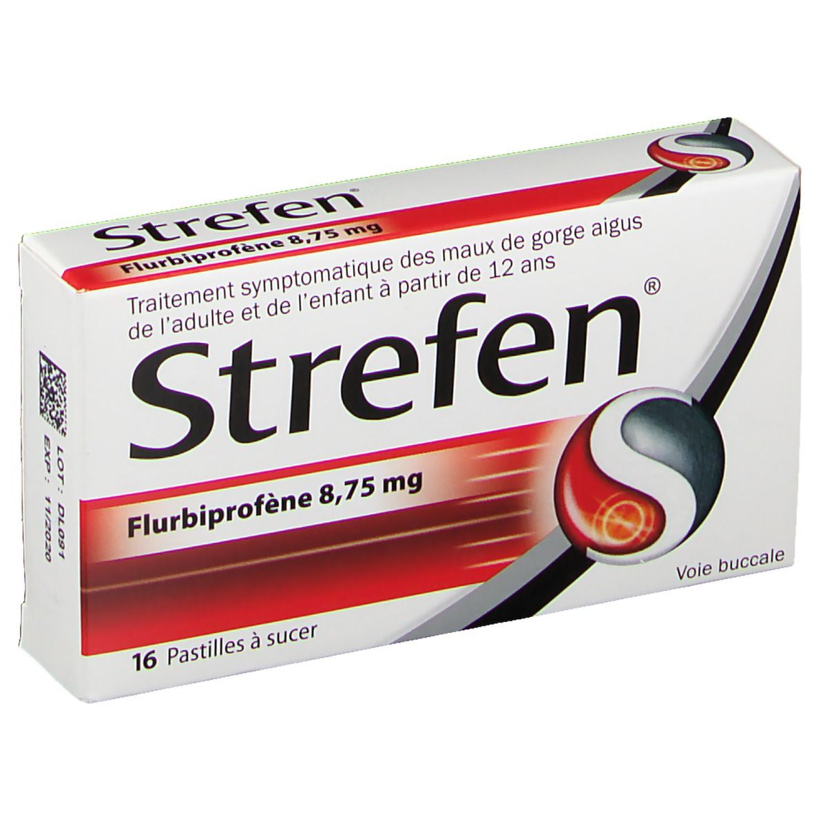 Boîte de Strefen Flurbiprofène 8,75 mg. Emballage rouge et blanc avec nom et logo du produit. 16 pastilles.