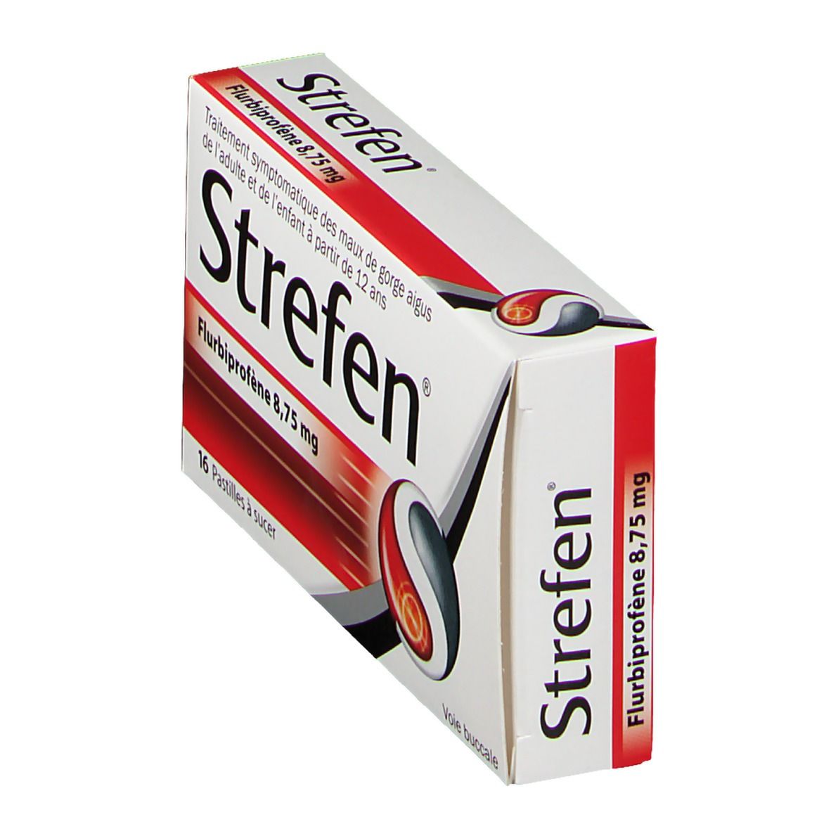 Boîte de Strefen Flurbiprofène 8,75 mg. Vue en biais de l'emballage. Couleurs rouge et blanc, nom et logo du produit visibles.