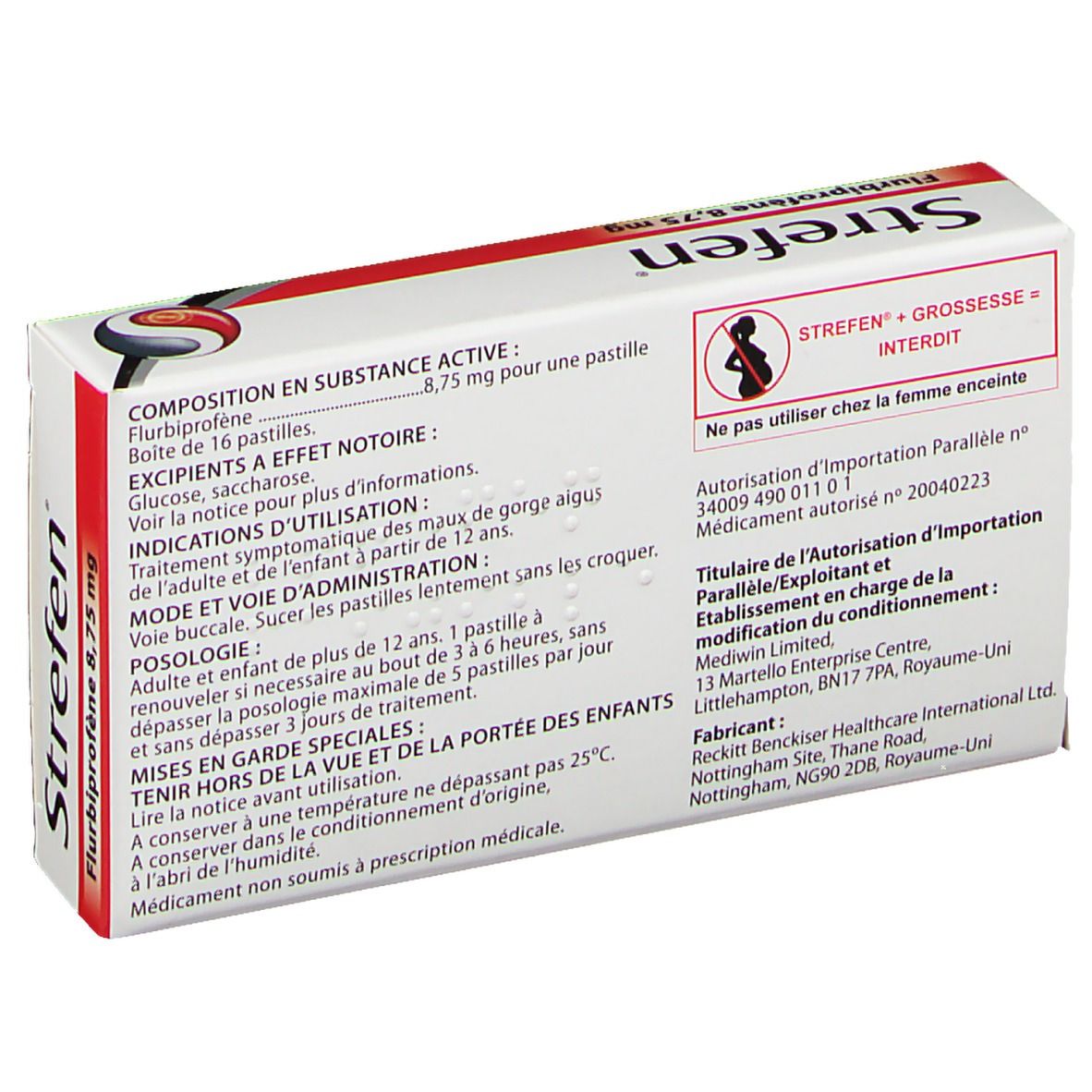 Dos de la boîte Strefen Flurbiprofène 8,75 mg. Informations textuelles, avertissements et coordonnées du fabricant. Avertissement de grossesse.