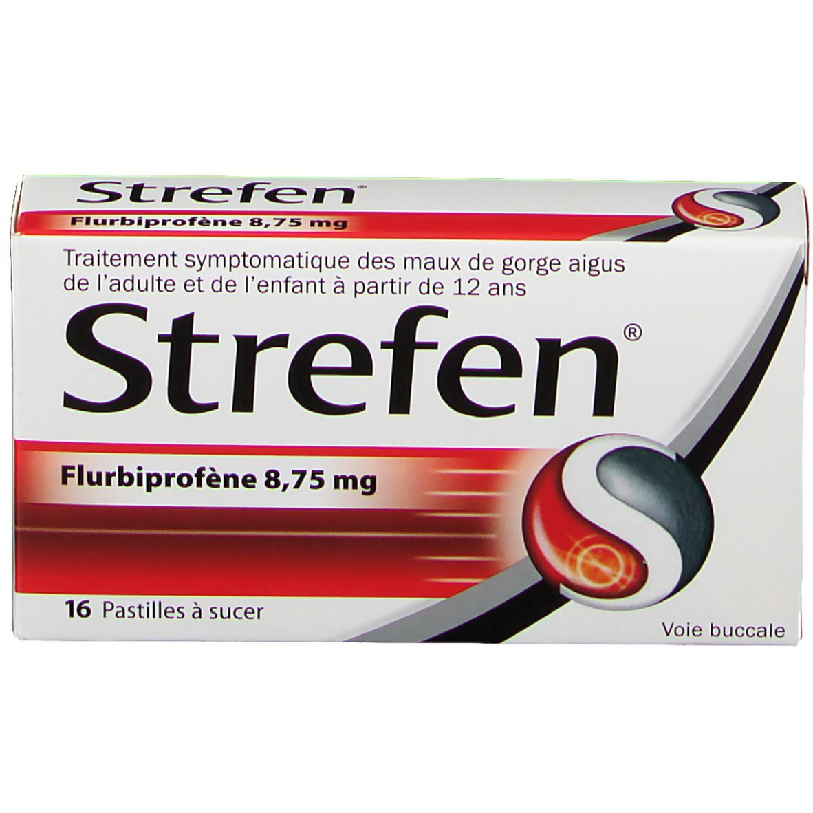 Boîte Strefen Flurbiprofène 8,75 mg. Vue de dessus. Emballage rouge et blanc, nom et logo du produit clairement visibles.
