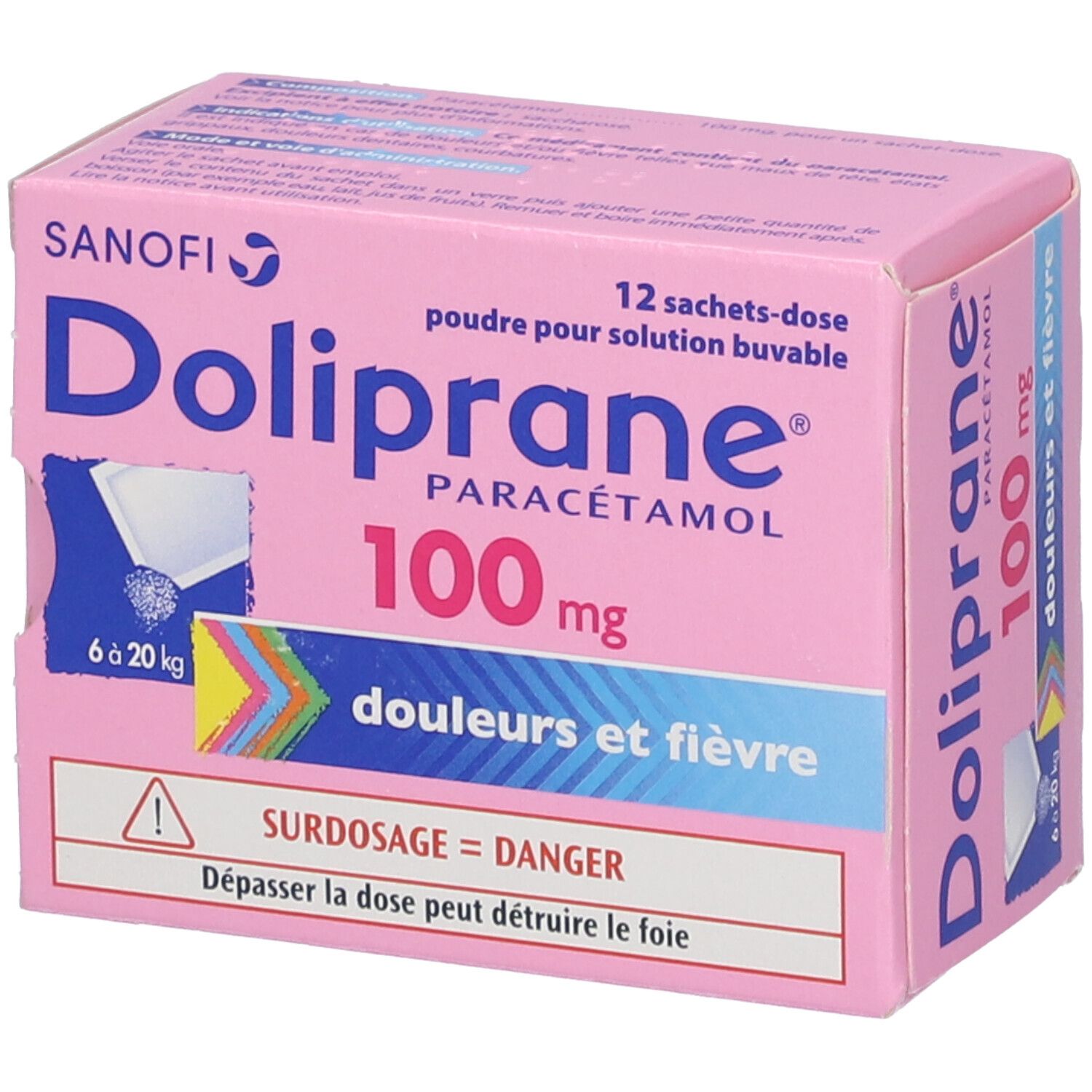 Boîte rose Doliprane 100 mg. Inscription : Paracétamol, 12 sachets-dose, douleurs et fièvre. Avertissement surdosage.