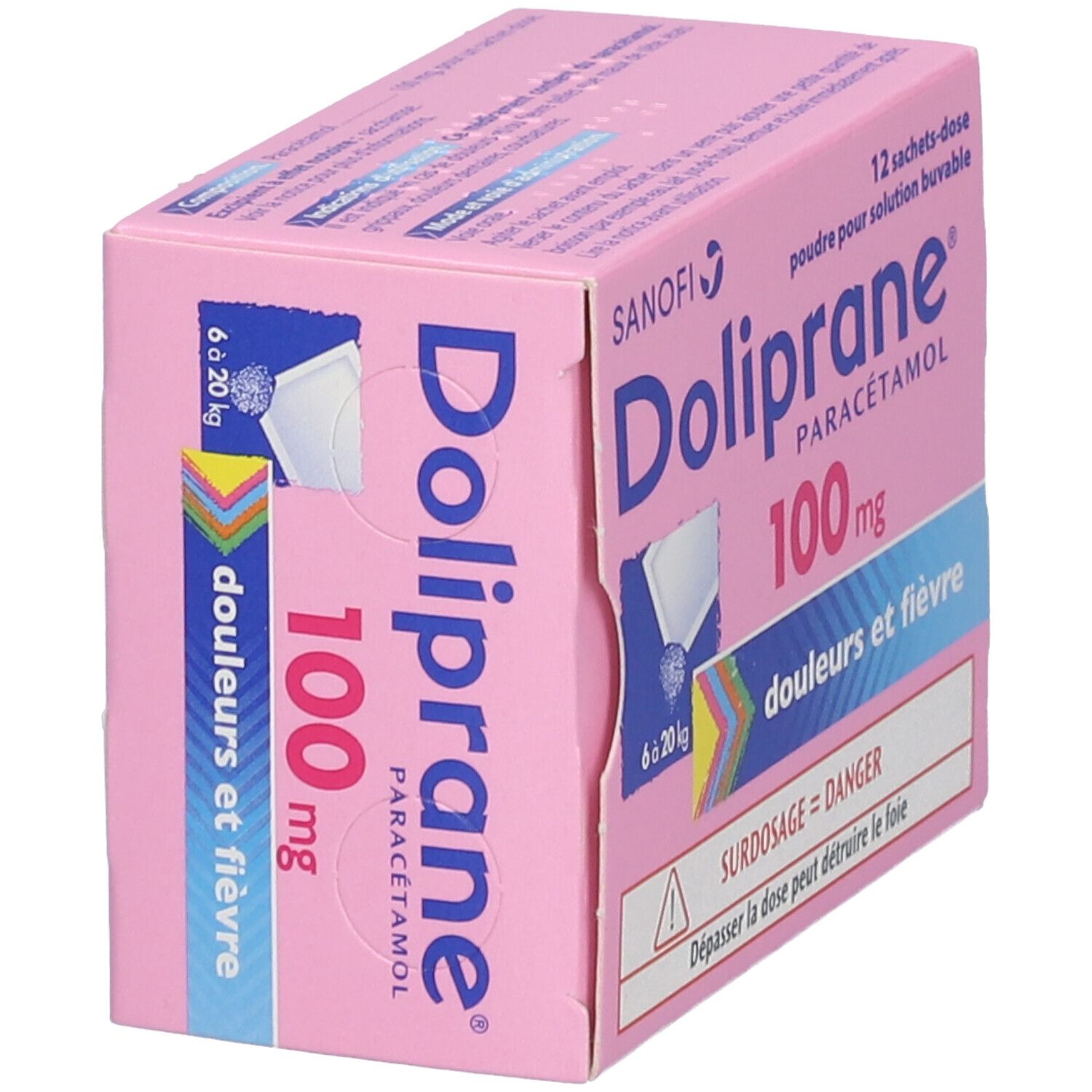 Boîte rose Doliprane 100 mg. Inscription : Paracétamol, 12 sachets-dose, douleurs et fièvre. Emballage ouvert.