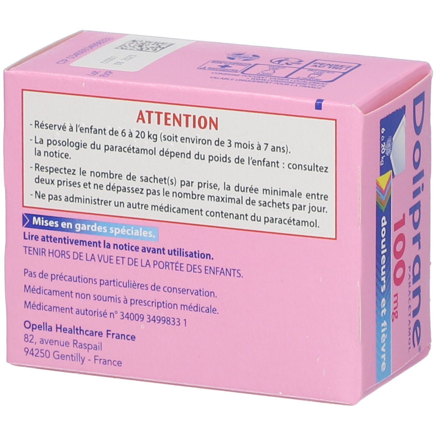 Dos de la boîte rose Doliprane 100 mg. Texte : Précautions, posologie enfants, informations fabricant.