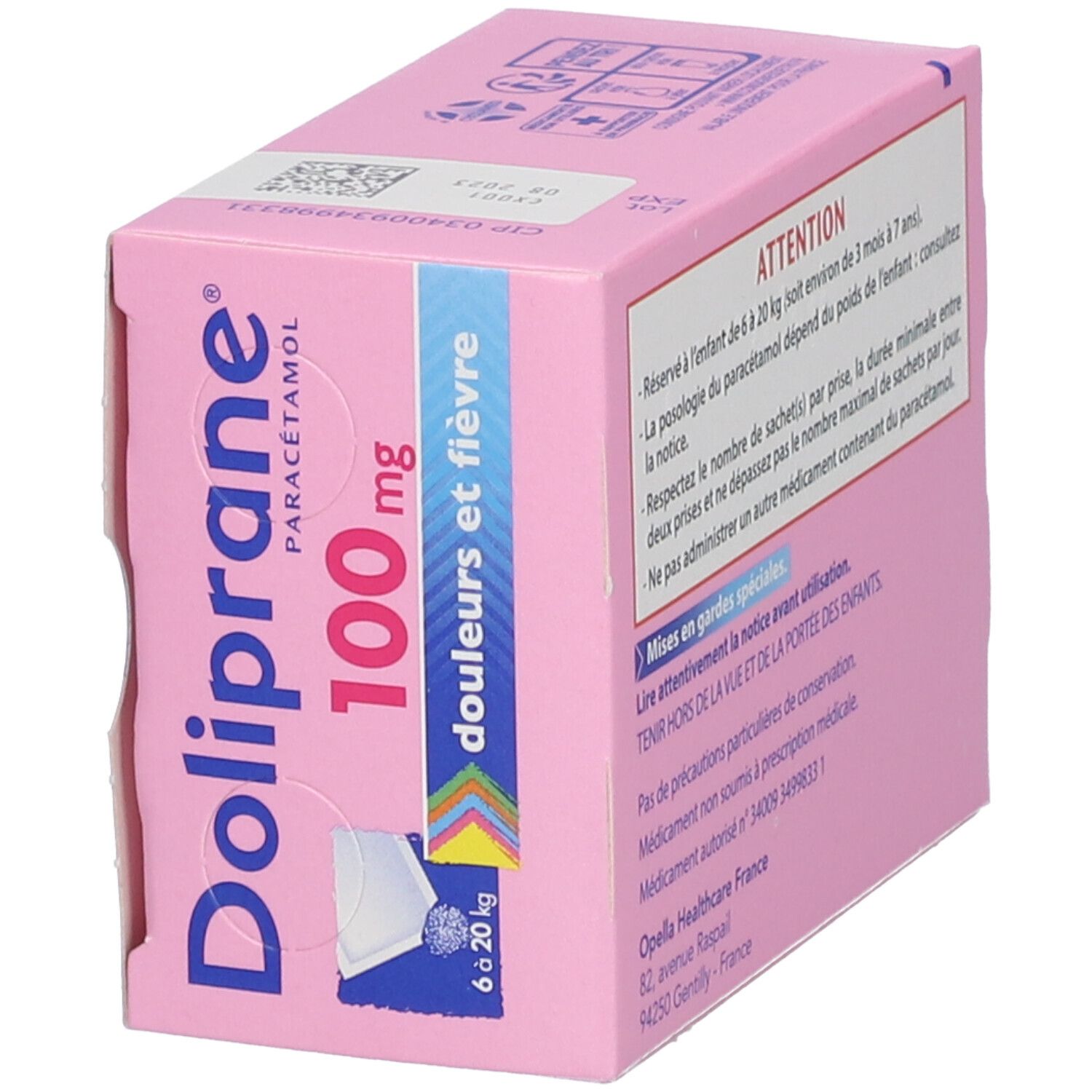 Boîte rose Doliprane 100 mg. Inscription : Paracétamol, douleurs et fièvre. Avertissement. Texte au dos.